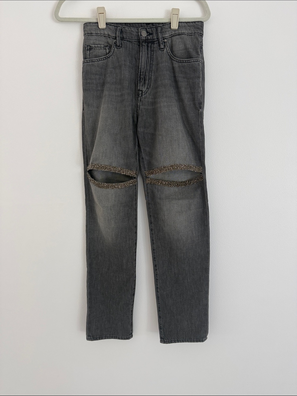 SCHOOL RAG PARIS Distressed Gray Jeans with Crystal Embellished Cutouts